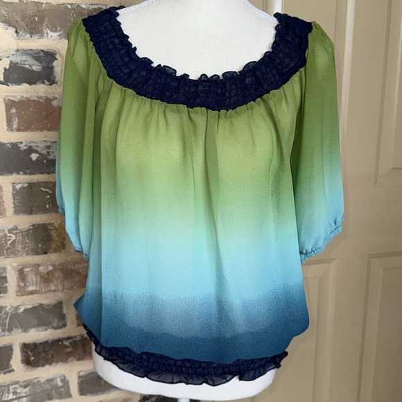 Smocked Trim Ombré Off Shoulder Top Gradient Green Blue Ruffled 3/4 Sleeve Sz M - Picture 4 of 9
